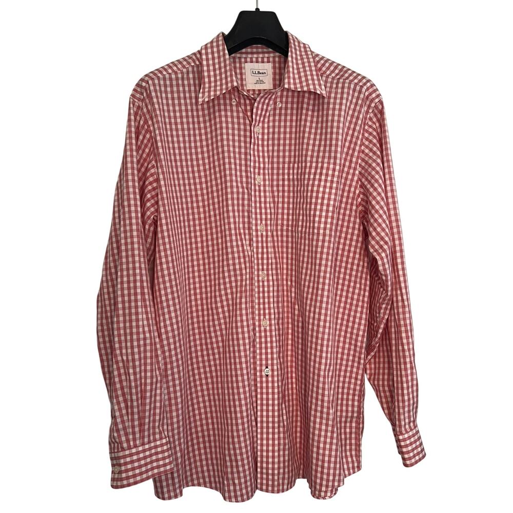 LL Bean Men's LARGE Red White Gingham Long Sleeve Button Down Shirt Cotton